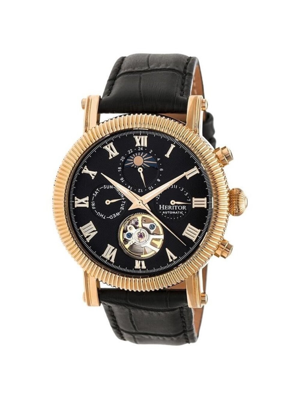 NWT Heritor Winston Automatic Black Dial Black Leather Men's Watch